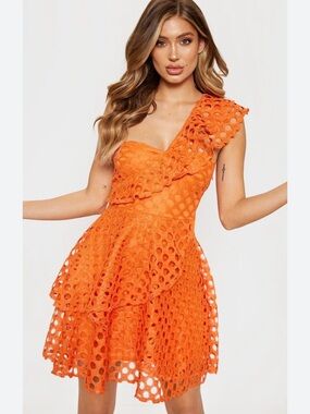 PrettyLittleThing Orange One-Shoulder Eyelet Tiered Dress